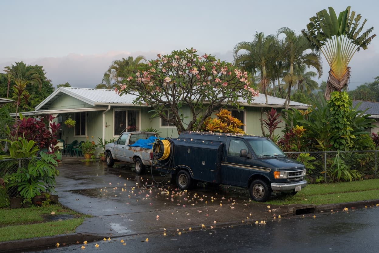 A navy fuel service van at a Hilo driveway after rain